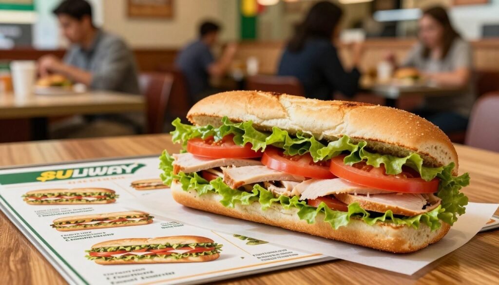 A beautifully arranged Subway $5 Footlong sandwich displayed prominently in the foreground, showcasing fresh ingredients like lettuce, tomatoes, and turkey stacked high in a soft, toasted hoagie bun. The sandwich glistens under soft, warm lighting, accentuating its appetizing appeal. In the middle ground, a wooden table adorned with a classic Subway menu featuring colorful images of various sandwiches, emphasizing value deals. In the background, blurs of a bustling Subway restaurant highlighting customers enjoying their meals, adding a sense of community and energy. The overall mood is cheerful and inviting, evoking a feeling of comfort and satisfaction with a focus on great value. Capture the scene with a slightly angled shot, simulating a dynamic perspective. Ensure the image remains free of any text, logos, or trademarks.
