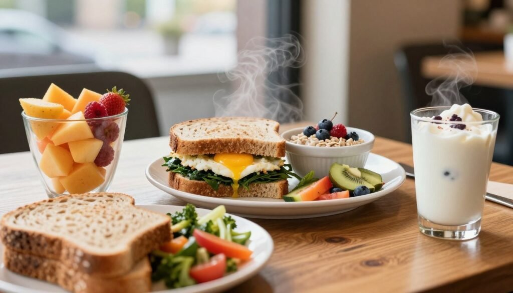A beautifully arranged Subway breakfast spread on a wooden table, featuring a variety of healthy items such as a spinach and egg white sandwich, a colorful fruit cup, and a refreshing yogurt parfait. In the foreground, close-up shots of freshly baked whole grain bread and vibrant vegetables. The middle layer showcases an inviting plate, artfully plated with a steaming breakfast sandwich and a small bowl of oatmeal topped with berries. In the background, soft morning light filters through a cafe window, creating a warm and welcoming atmosphere. A subtle bokeh effect adds depth, highlighting the focus on the nutritious food. The scene conveys a sense of health and vitality, inviting viewers to enjoy a wholesome Subway breakfast.