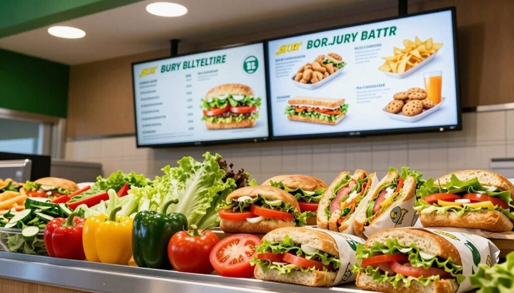 A vibrant Subway menu display featuring a variety of sandwich options, salads, and beverage choices. In the foreground, depict a beautifully arranged selection of fresh ingredients, such as crunchy lettuce, ripe tomatoes, and colorful bell peppers, alongside wrapped sandwiches showcasing different bread types. In the middle, present a digital menu board highlighting popular meal combinations with images of sides like chips and cookies. The background should show a modern Subway restaurant ambiance, with warm lighting and soft textures to create an inviting atmosphere. Use a slight overhead angle to capture the full breadth of the menu items, emphasizing freshness and variety, while ensuring a clean and organized presentation. The mood should be engaging and appetizing, appealing to customers seeking a satisfying meal. A vibrant Subway menu display featuring a variety of sandwich options, salads, and beverage choices. In the foreground, depict a beautifully arranged selection of fresh ingredients, such as crunchy lettuce, ripe tomatoes, and colorful bell peppers, alongside wrapped sandwiches showcasing different bread types. In the middle, present a digital menu board highlighting popular meal combinations with images of sides like chips and cookies. The background should show a modern Subway restaurant ambiance, with warm lighting and soft textures to create an inviting atmosphere. Use a slight overhead angle to capture the full breadth of the menu items, emphasizing freshness and variety, while ensuring a clean and organized presentation. The mood should be engaging and appetizing, appealing to customers seeking a satisfying meal.