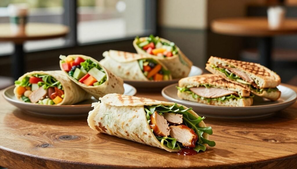 A beautifully arranged selection of Starbucks wraps on a rustic wooden table, showcasing a variety of vibrant fillings. In the foreground, include a close-up of a delicious chicken wrap, with fresh greens spilling out and a drizzle of sauce glistening. The middle ground features more wraps, including a colorful veggie wrap and a hearty turkey panini, all presented on a stylish plate. The background features a cozy Starbucks cafe setting, with soft natural light filtering through large windows, casting gentle shadows. Use a warm and inviting color palette to evoke a lunchtime atmosphere, capturing the delicious freshness and artisanal quality of the food. The perspective should be slightly elevated, allowing the viewer to appreciate the details of each wrap without distractions.