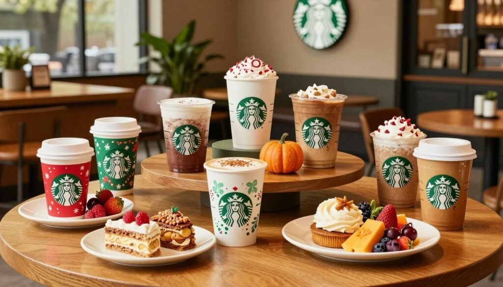 A beautifully arranged table featuring a variety of Starbucks seasonal offerings, including colorful holiday-themed drinks like peppermint mochas and pumpkin spice lattes, accompanied by healthy seasonal snacks. In the foreground, showcase coffee cups with decorative seasonal designs, along with fresh fruit and healthy pastries on elegant plates. The middle layer should depict a softly lit café environment with wood accents, plants, and cozy seating, evoking warmth and comfort. The background features the Starbucks logo subtly displayed, and a large window letting in natural light to enhance the inviting atmosphere. Capture this scene from a slightly elevated angle to provide a comprehensive view, creating a vibrant, health-conscious mood to illustrate the nutritional profiles of the seasonal menu.