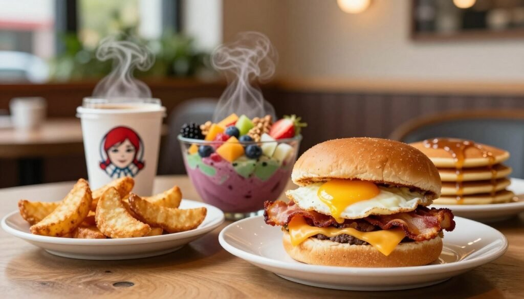 A beautifully arranged table featuring a variety of Wendy's breakfast options. In the foreground, a fluffy breakfast sandwich with a perfectly cooked egg, crispy bacon, and melted cheese peeking out from a toasted bun. Next to it, a side of golden, crispy potato wedges and a refreshing coffee cup with steam rising. In the middle, a vibrant, colorful smoothie bowl topped with fresh fruits and granola, while a small stack of delicious pancakes drizzled with syrup sits nearby. The background features a cozy restaurant atmosphere with warm lighting, soft-focus greenery, and wooden accents. Capture the mood of a relaxed morning with inviting textures and appetizing colors, shot with a shallow depth of field to emphasize the food. A beautifully arranged table featuring a variety of Wendy's breakfast options. In the foreground, a fluffy breakfast sandwich with a perfectly cooked egg, crispy bacon, and melted cheese peeking out from a toasted bun. Next to it, a side of golden, crispy potato wedges and a refreshing coffee cup with steam rising. In the middle, a vibrant, colorful smoothie bowl topped with fresh fruits and granola, while a small stack of delicious pancakes drizzled with syrup sits nearby. The background features a cozy restaurant atmosphere with warm lighting, soft-focus greenery, and wooden accents. Capture the mood of a relaxed morning with inviting textures and appetizing colors, shot with a shallow depth of field to emphasize the food.