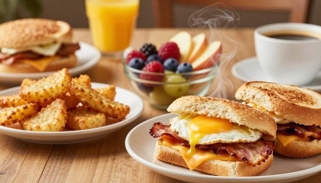 A beautifully arranged table showcasing Wendy's breakfast menu items, including a variety of breakfast sandwiches, a side of hash browns, and a fresh fruit bowl. In the foreground, focus on the steaming sandwiches with fluffy eggs, crispy bacon, and melted cheese. The middle layer features the colorful fruit bowl with vibrant berries and sliced apples, along with the golden-brown hash browns. In the background, softly blurred, there are breakfast beverages like orange juice and coffee. Use warm, natural lighting to create an inviting atmosphere, enhancing the golden hues of the food. The angle should be from a slight overhead perspective, ensuring all items are clearly visible, promoting an appetizing and nutritious feel. The overall mood is cheerful and energizing, perfect for a morning treat. A beautifully arranged table showcasing Wendy's breakfast menu items, including a variety of breakfast sandwiches, a side of hash browns, and a fresh fruit bowl. In the foreground, focus on the steaming sandwiches with fluffy eggs, crispy bacon, and melted cheese. The middle layer features the colorful fruit bowl with vibrant berries and sliced apples, along with the golden-brown hash browns. In the background, softly blurred, there are breakfast beverages like orange juice and coffee. Use warm, natural lighting to create an inviting atmosphere, enhancing the golden hues of the food. The angle should be from a slight overhead perspective, ensuring all items are clearly visible, promoting an appetizing and nutritious feel. The overall mood is cheerful and energizing, perfect for a morning treat.