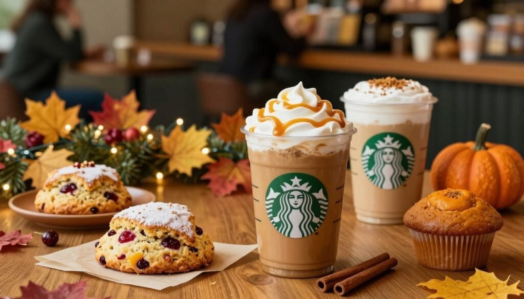 A beautifully arranged table showcasing the seasonal Starbucks menu. In the foreground, a rich caramel latte topped with frothy cream and drizzled with caramel sauce sits alongside a pumpkin spice latte adorned with nutmeg. Scattered around are seasonal pastries like a cranberry orange scone and a pumpkin muffin, inviting and delicious. In the middle ground, a festive backdrop features warm-toned decorations, including autumn leaves and twinkling fairy lights, enhancing the cozy feel. The background captures a softly blurred Starbucks café setting with patrons enjoying their drinks. Use warm, inviting lighting, and a close-up angle to evoke a delightful and seasonal atmosphere, perfect for celebrating the flavors of fall and winter. Ensure the image captures a welcoming and joyful experience without any text or branding.