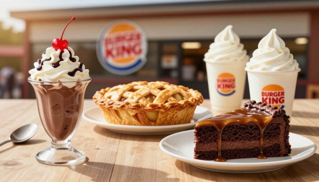 A tempting display of Burger King desserts in a bright, inviting setting. In the foreground, feature a variety of iconic desserts, such as a chocolate ice cream sundae topped with whipped cream and a cherry, and a slice of rich chocolate cake drizzled with caramel sauce. The middle ground can include a warm, flaky apple pie with a lattice crust and a serving of soft serve ice cream on the side. In the background, a stylized Burger King restaurant can be softly blurred to provide context. The lighting should be warm and natural, mimicking golden hour to enhance the inviting atmosphere. Use a slight overhead angle to capture the desserts' details while keeping the focus on their delicious textures and colors, evoking a sense of indulgence and joy associated with sweet treats at Burger King.