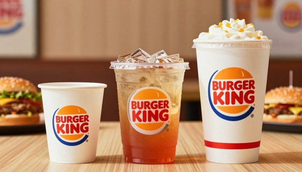 A vibrant and inviting display of three distinctive Burger King drink sizes: a small, medium, and large beverage cup, prominently placed in the foreground. Each cup is adorned with the recognizable Burger King logo, showcasing their eye-catching colors and designs. The middle ground features a warm, well-lit restaurant setting with subtle hints of food items blurred in the background, enhancing the focus on the drinks. The lighting is bright and cheerful, creating a refreshing atmosphere, with soft shadows adding depth. The angle should be slightly elevated to capture all details of the cups, emphasizing size differences. The mood is lively and appetizing, perfect for showcasing the refreshing beverage options available at Burger King.