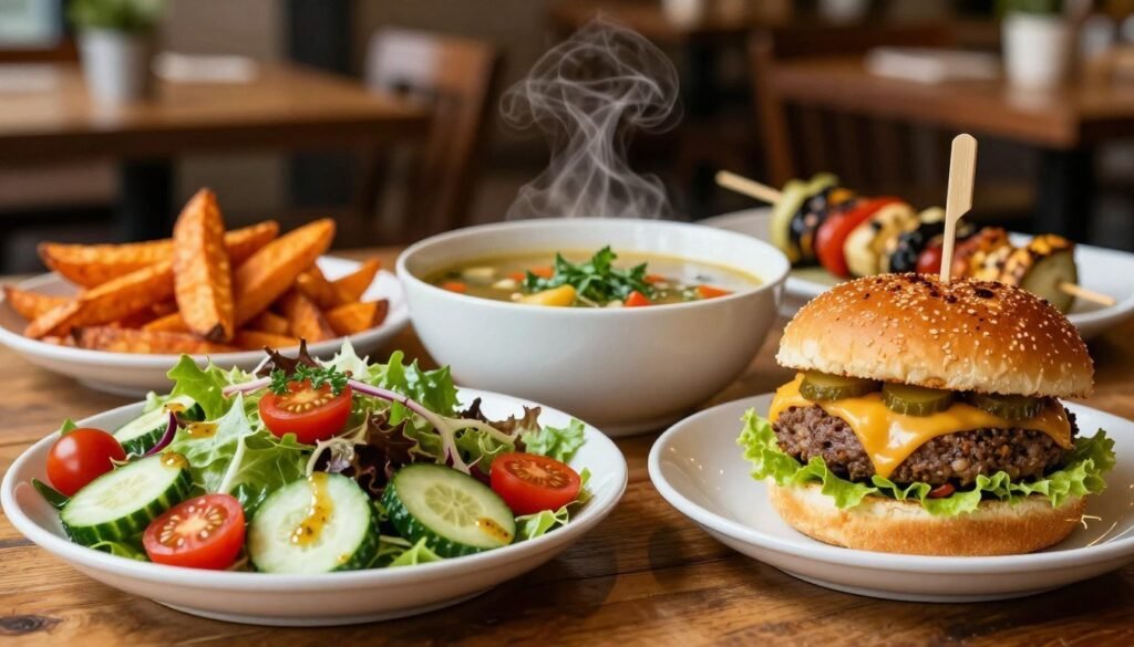 A vibrant arrangement of appealing vegetarian menu options displayed on a rustic wooden table. In the foreground, showcase a colorful salad with fresh greens, cherry tomatoes, and sliced cucumbers, garnished with a light vinaigrette. Beside it, include a crispy, golden-brown veggie burger, oozing with melted cheese and topped with lettuce and pickles. In the middle, a cheerful bowl of hearty vegetable soup, steam rising gently, adorned with fresh herbs. In the background, softly blurred, a cozy restaurant setting with warm, inviting lighting and hints of other veggie meal options, like sweet potato fries and grilled vegetable skewers. The atmosphere is welcoming and casual, perfect for those seeking delicious vegetarian treats on a budget, captured with a shallow depth of field to emphasize the foreground dishes.