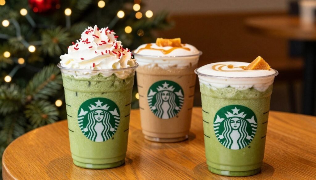 A vibrant display of Starbucks seasonal drinks on a wooden table, featuring a rich, green iced peppermint mocha with whipped cream and festive red and white sprinkles in the foreground. Beside it, a warm caramel brulée latte with a drizzling of caramel sauce, topped with a golden-brown caramel shard. In the middle, a cozy holiday atmosphere with a backdrop of softly twinkling fairy lights and a hint of fir branches, evoking a seasonal feel. The lighting is warm and inviting, as if illuminated by the soft glow of the café interior. The composition is focused from a slightly elevated angle to capture the details of the drinks, enhancing the festive mood perfect for the holiday season. A vibrant display of Starbucks seasonal drinks on a wooden table, featuring a rich, green iced peppermint mocha with whipped cream and festive red and white sprinkles in the foreground. Beside it, a warm caramel brulée latte with a drizzling of caramel sauce, topped with a golden-brown caramel shard. In the middle, a cozy holiday atmosphere with a backdrop of softly twinkling fairy lights and a hint of fir branches, evoking a seasonal feel. The lighting is warm and inviting, as if illuminated by the soft glow of the café interior. The composition is focused from a slightly elevated angle to capture the details of the drinks, enhancing the festive mood perfect for the holiday season.
