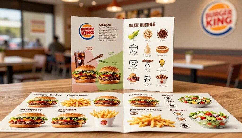 A visually appealing and informative Burger King allergen guide, designed for clarity. The foreground features a well-organized table displaying a vibrant assortment of food items, including burgers, fries, and salads, labeled with allergen icons specifically for nut allergies. In the middle, a neatly arranged allergen guide pamphlet is partially opened, showcasing colorful graphics and clear visual distinctions for allergens. The background softly blurs a Burger King restaurant interior, providing context without distraction. Natural, warm lighting highlights the food items and pamphlet, creating an inviting atmosphere. Capture the scene from a slightly elevated angle to emphasize the guide’s details and the food's freshness, fostering a sense of safety and inclusivity for diners with nut allergies.