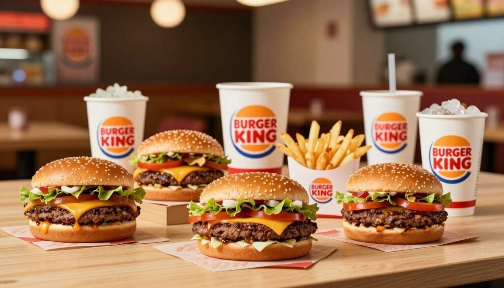 A visually appealing comparison of Burger King's value menu items presented on a clean, modern table. In the foreground, a variety of signature value menu items are displayed, including burgers, fries, and drinks, each portioned attractively. In the middle, a prominent Burger King logo subtly appears, alongside a contrasting selection of competitor fast-food items, inviting a visual comparison. The background features a blurred but recognizable fast-food environment, emitting a warm, inviting ambiance with soft lighting. The angle should be slightly above eye level, capturing the array enticingly, while maintaining a vibrant color palette that emphasizes the freshness of the food. The atmosphere is friendly and appetizing, highlighting affordable yet appealing meal options without any distracting text or logos.