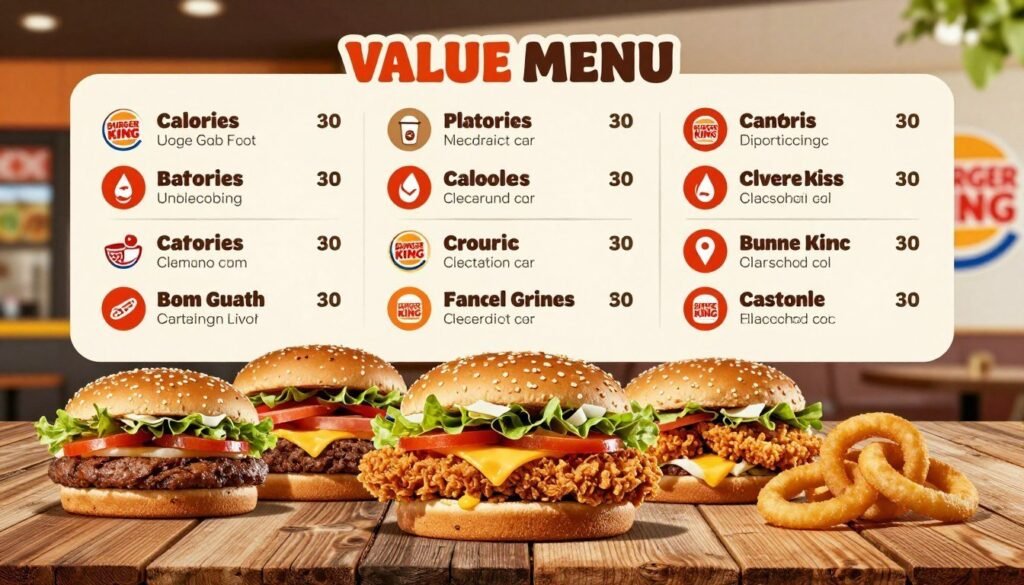 A visually engaging infographic depicting the nutritional information of Burger King's value menu items. In the foreground, display a colorful assortment of Burger King menu items, such as flame-grilled burgers, crispy chicken sandwiches, and onion rings, arranged appealingly on a rustic wooden table. The middle ground should feature clear, easy-to-read nutritional facts presented in an organized layout, using vibrant colors and icons for calories, fats, and proteins, making the information eye-catching. In the background, subtly incorporate a blurred image of a Burger King restaurant to add context. Use bright, natural lighting to evoke a fresh and inviting atmosphere, with a slight overhead angle that captures the allure of the food while highlighting the nutritional details prominently. The overall mood should be informative yet appetizing, creating a sense of curiosity for potential customers.