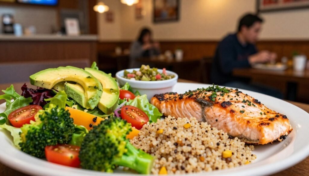 A beautifully arranged plate featuring a variety of nutritious entrée selections from Chili's menu, including a vibrant grilled chicken salad with fresh greens, cherry tomatoes, avocado slices, and a light vinaigrette. In the foreground, include a portion of quinoa and steamed broccoli, showcasing colorful vegetables that represent healthful eating. In the middle, add a well-cooked salmon fillet garnished with herbs, alongside a small bowl of salsa verde for an appealing contrast. The background should be softly blurred, depicting a cozy restaurant ambiance with warm lighting, wood paneling, and a hint of diners enjoying their meals. Use a shallow depth of field to keep the focus on the food while creating an inviting atmosphere, evoking a sense of comfort and healthfulness.