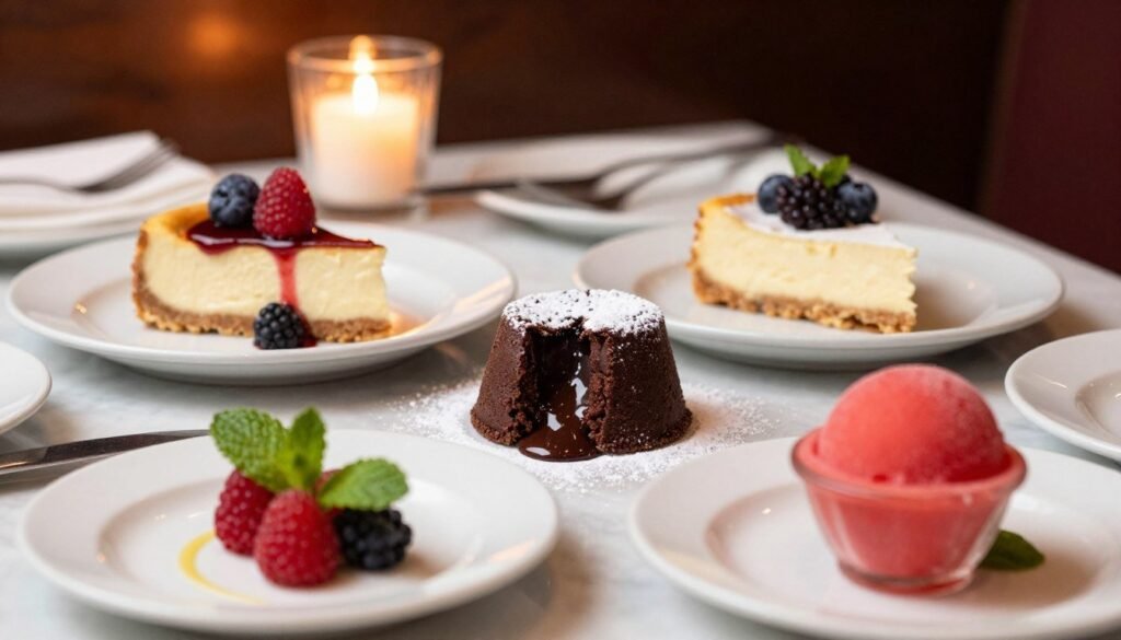 A beautifully arranged table showcasing a selection of Chili's gluten-free desserts, featuring a rich chocolate lava cake with a molten center, a creamy cheesecake topped with fresh berries, and a refreshing sorbet in vibrant colors. In the foreground, focus on the desserts with delicate garnishes, such as mint leaves and a dusting of powdered sugar. The middle ground displays elegant plates and cutlery, suggesting a fine dining experience. The background includes a softly blurred interior of a Chili's restaurant, illuminated by warm candlelight, creating an inviting atmosphere. Use a shallow depth of field to emphasize the desserts, capturing them with a slight overhead angle, evoking a sense of indulgence and delight.