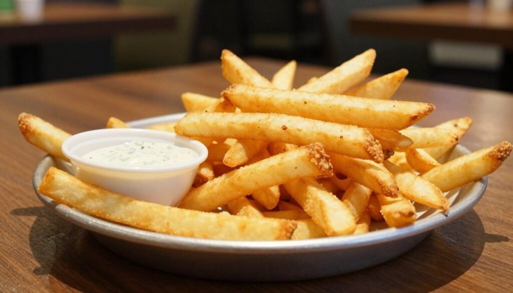 A close-up of a colorful plate of Shake Shack fries arranged artfully, showcasing their golden, crispy texture. In the foreground, a few fries are elegantly placed next to a small bowl of dipping sauce, emphasizing portion control. The middle ground features a contrasting backdrop of a wooden table that suggests a casual dining atmosphere. Soft, warm lighting illuminates the fries, creating a mouthwatering glow while casting gentle shadows that enhance their shapes. The background includes subtle hints of a Shake Shack restaurant interior, such as blurred-out tables and chairs, evoking a sense of place without distraction. The overall mood is inviting and delicious, perfect for depicting healthy dining choices without any text or clutter.