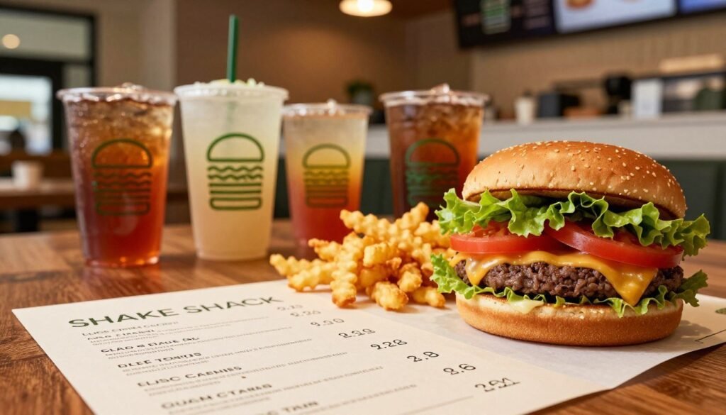 A close-up view of a beautifully arranged table featuring a detailed Shake Shack menu, highlighting item prices in an elegant and readable font without any text. The foreground includes a stunning burger with layers of fresh lettuce, juicy tomatoes, and melted cheese beside crispy crinkle-cut fries, glistening under warm, inviting lighting. The middle ground shows a colorful array of Shake Shack's beverages in stylish cups, artistically placed on the table. In the background, a softly blurred interior of a Shake Shack restaurant with warm wood tones and modern decor creates a cozy atmosphere. The scene is captured at eye level with a shallow depth of field to emphasize the tempting food items, conveying a sense of delicious anticipation.