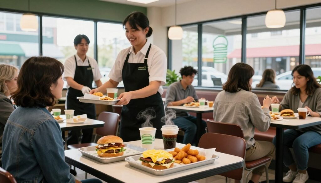 A cozy, inviting Shake Shack restaurant interior during breakfast hours, bustling with activity. In the foreground, a small table set with an assortment of breakfast items, including a fluffy egg sandwich, crispy hash browns, and a steaming cup of coffee, all arranged attractively. In the middle, friendly staff members in neat uniforms are serving customers, their expressions warm and inviting. The background features large windows letting in soft morning light, illuminating the vibrant colors of the restaurant’s decor. The atmosphere feels lively yet relaxed, with patrons enjoying their meals and engaging in conversation. The scene captures the essence of a cheerful morning at Shake Shack, focusing on the blend of delicious food and a welcoming environment.