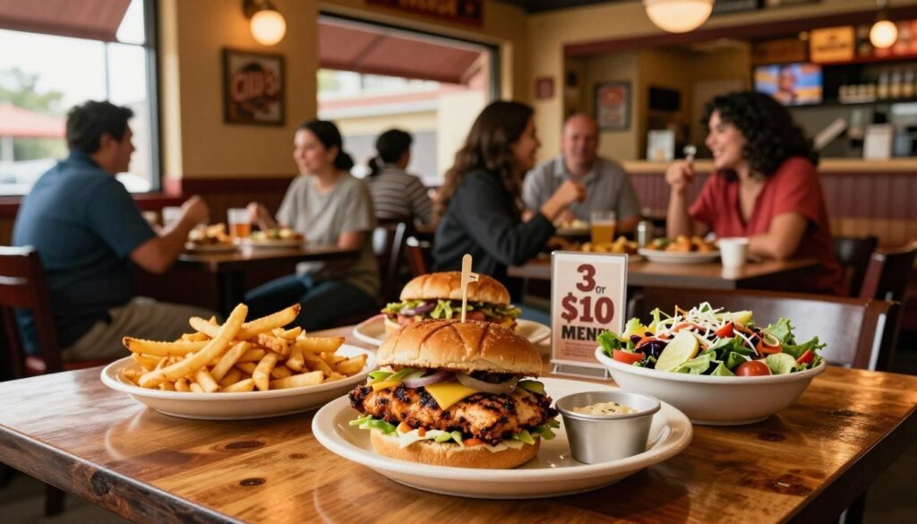 A cozy, warmly lit Chili's restaurant setting showcasing a vibrant table filled with mouthwatering dishes from the "3 for $10 Menu." In the foreground, a stylish wooden table presents a colorful array of food: a perfectly grilled chicken sandwich, crispy loaded fries, and a vibrant garden salad, artfully arranged to emphasize their freshness. In the middle ground, a casual dining atmosphere features patrons in modest casual clothing enjoying their meals, smiling and engaged in conversation. The background reveals a tastefully decorated restaurant interior, with Chili's signature decor, warm colors, and a soft ambiance. Natural lighting filters in through large windows, casting a welcoming glow over the scene, evoking a sense of comfort and community.
