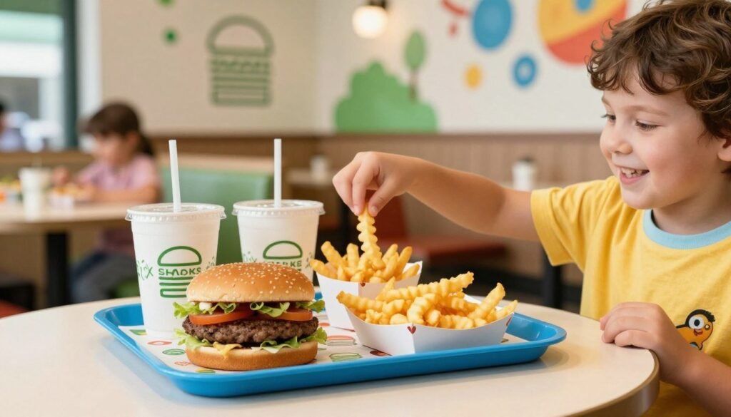 A delightful table setting featuring a Shake Shack kids meal deal, including a mini burger, crinkle-cut fries, and a small drink, all presented on a colorful, kid-friendly tray. In the foreground, a charming, smiling child (wearing a bright, casual outfit) reaches to grab a fry. In the middle, a family-friendly ambiance is created with a playful mix of bright colors and fun decor. In the background, a Shake Shack restaurant interior is softly lit, with cozy booths and playful artwork on the walls, enhancing the welcoming atmosphere. The overall mood is cheerful and inviting, perfect for families enjoying a meal together. Soft, natural lighting highlights the food’s freshness, captured with a shallow depth of field to keep the focus on the meal and the child.