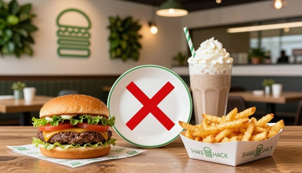 A detailed illustration of the Shake Shack gluten intolerance menu. In the foreground, create a beautifully arranged but clearly marked table setting featuring gluten-laden items, such as burgers in traditional buns, milkshakes topped with whipped cream, and crispy fries, all displayed on classic Shake Shack packaging. In the middle, incorporate an elegant plate with a red "X" overlay to symbolize items to avoid, subtly hinting at gluten content. The background should capture the vibrant ambiance of a Shake Shack restaurant, with warm lighting that evokes a casual dining mood. Add fresh greenery and modern decor on the walls to bring life to the scene. Use a slight depth of field to keep the focus on the menu items while retaining a hint of the lively restaurant atmosphere.