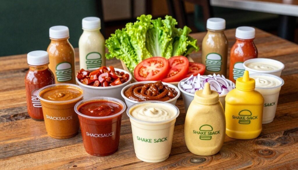 A high-quality, appetizing image featuring an array of Shake Shack's gluten-free sauces, condiments, and toppings arranged beautifully on a rustic wooden table. In the foreground, place colorful sauce containers with rich textures, including ShackSauce, spicy mayo, and mustard, each vividly labeled. In the middle, showcase an assortment of fresh toppings like crisp lettuce, ripe tomatoes, and chopped onions, artfully displayed in small bowls. The background should include a hint of Shake Shack branding, with a softly blurred view of the restaurant ambiance, evoking a warm and inviting atmosphere. Use natural lighting to enhance the freshness of the ingredients, captured from a slightly elevated angle to give a comprehensive view of the delicious options available, creating a mouthwatering and appetizing scene.