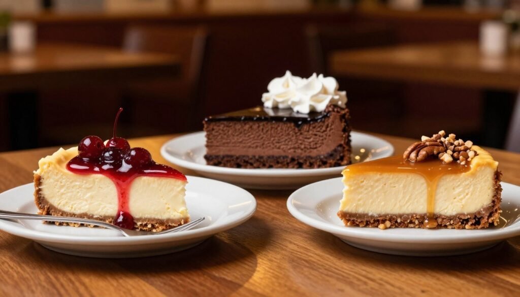 A tempting display of Chili's cheesecake selections, featuring three distinct varieties: a rich New York-style cheesecake topped with a glossy cherry sauce, a creamy chocolate cheesecake drizzled with dark chocolate, and a luscious caramel cheesecake adorned with crushed pecans. The foreground showcases these delectable desserts artfully arranged on a wooden table, each piece sitting on elegant dessert plates with a fork beside them. In the middle, a soft-focus double-layer chocolate cheesecake with whipped cream embellishments draws the eye. The background features a softly lit restaurant setting, subtly blurred to emphasize the cheesecakes. Warm, ambient lighting casts a golden hue, creating an inviting and indulgent atmosphere. This scene evokes a sense of sweetness and comfort, perfect for dessert lovers.