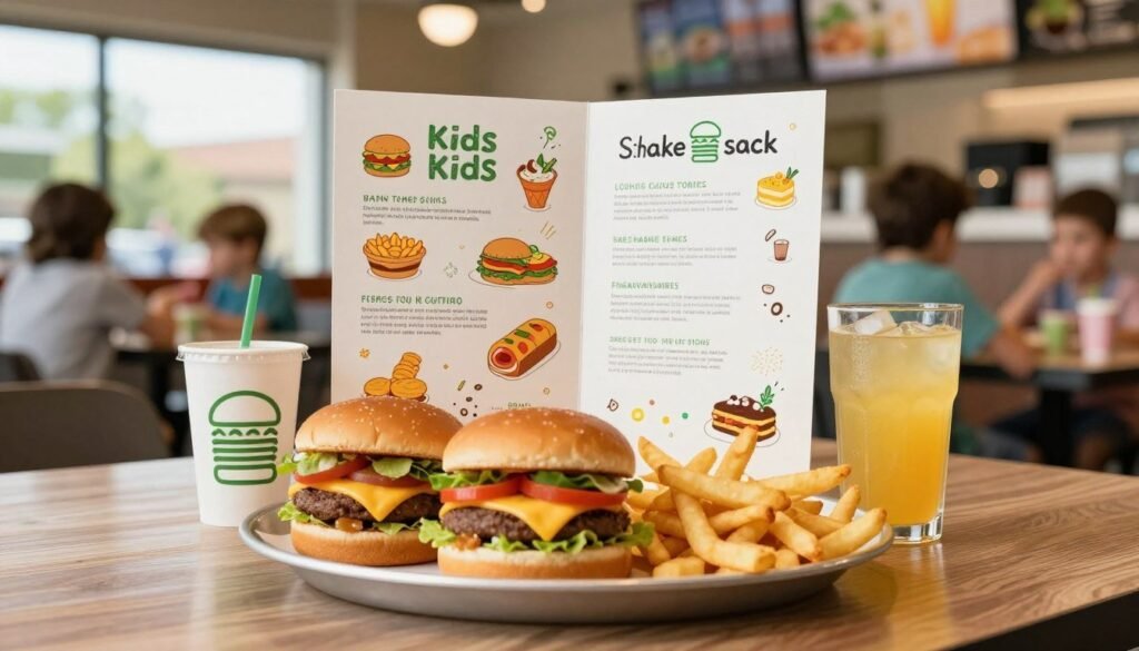 A vibrant and inviting display of a Shake Shack Kids Menu, showcasing visually appealing meal options designed for children. In the foreground, a beautifully arranged plate with a colorful mini cheeseburger, crispy fries, and a refreshing juice box. In the middle, a creatively illustrated children’s menu, featuring cartoonish food illustrations with playful colors and whimsical font styles, arranged alongside a small Shake Shack logo. In the background, a lively Shake Shack location with bright, natural lighting streaming through large windows, enhancing the cheerful atmosphere. The mood is warm and welcoming, emphasizing a family-friendly dining experience. Utilize a shallow depth of field to focus on the meal while softly blurring the background elements for an inviting composition.