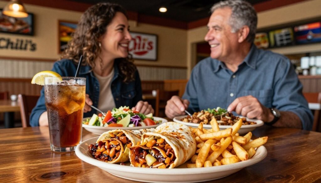 A vibrant and inviting scene showcasing a table at Chili's restaurant set for lunch. In the foreground, a beautifully arranged plate of Chili's $8 lunch specials, featuring a sizzling fajita, a colorful salad, and a side of crispy fries. A tall glass of iced tea with a lemon wedge is placed beside the plate. In the middle ground, a well-dressed couple enjoys their meal, both in smart casual attire, smiling and engaging with each other, radiating a relaxed and friendly atmosphere. The background features the restaurant's rustic decor with warm wooden accents and soft, glowing lighting that creates a cozy ambiance. The image captures a sense of enjoyment and satisfaction, emphasizing the affordability and quality of the meals.