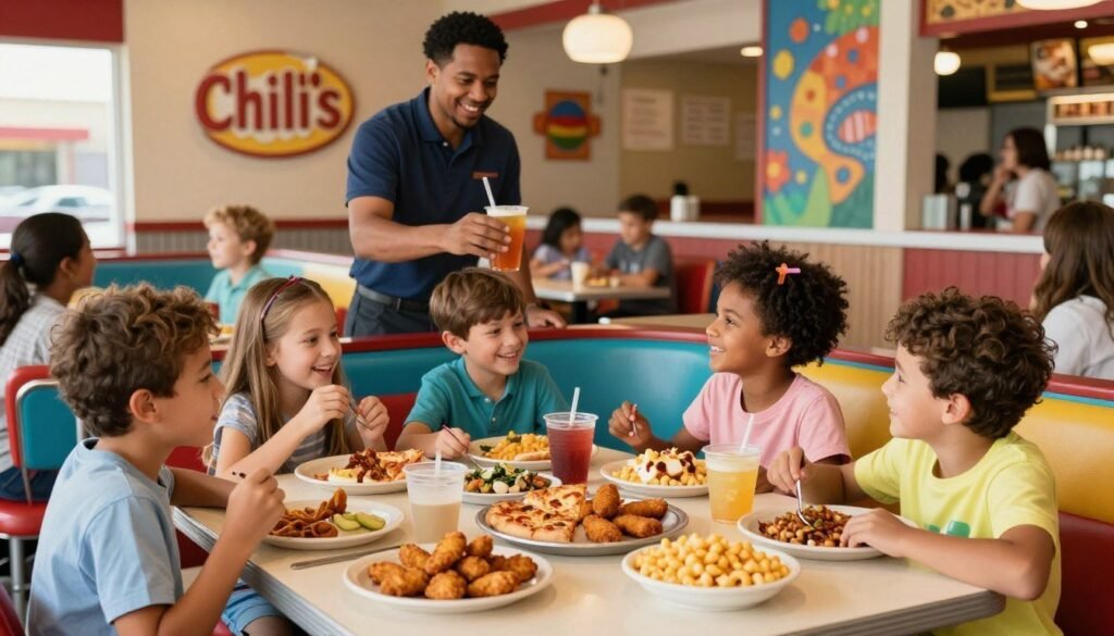 A vibrant, inviting scene set in a Chili's restaurant featuring a cheerful atmosphere. In the foreground, a diverse group of happy children, aged 5 to 10, sitting at a colorful booth, enjoying a variety of delicious kid-friendly dishes like chicken tenders, pizza, and macaroni and cheese. Each child is smiling and engaged in conversation, showcasing a sense of joy and camaraderie. In the middle ground, a friendly waiter in casual attire is serving drinks to the kids, reinforcing the restaurant's welcoming vibe. The background captures Chili's signature decor with playful artwork and bright lighting, creating a warm and friendly ambiance. Use soft, natural lighting to enhance the lively atmosphere, shot from a slightly elevated angle to capture the essence of the dining experience.