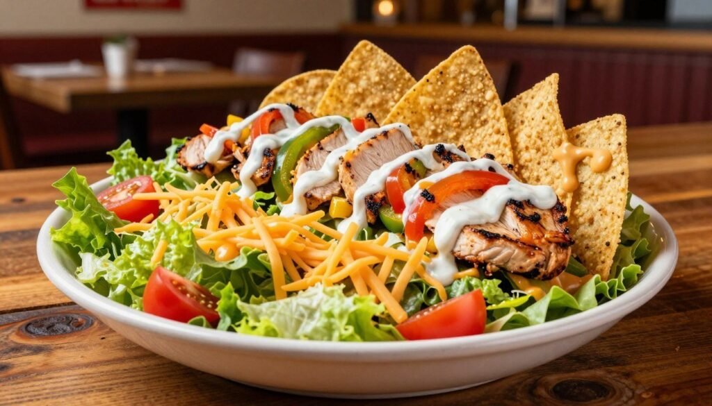 A vibrant, mouthwatering image of Chili's Quesadilla Explosion Salad, artfully arranged on a rustic wooden table. In the foreground, a large bowl filled with crisp romaine lettuce, juicy diced tomatoes, and shredded cheese, topped with melted queso and crunchy tortilla strips. Layered in the middle, slices of grilled chicken are perfectly arranged, with colorful bell peppers and a drizzle of ranch dressing cascading down the sides. In the background, a softly blurred restaurant interior gives a warm, inviting atmosphere, with soft ambient lighting that highlights the glossy textures of the ingredients. The image should capture the freshness and indulgence of this dish, evoking a mood of comfort and excitement. Shot from a slightly elevated angle to emphasize the salad's vibrant colors and intricate details.