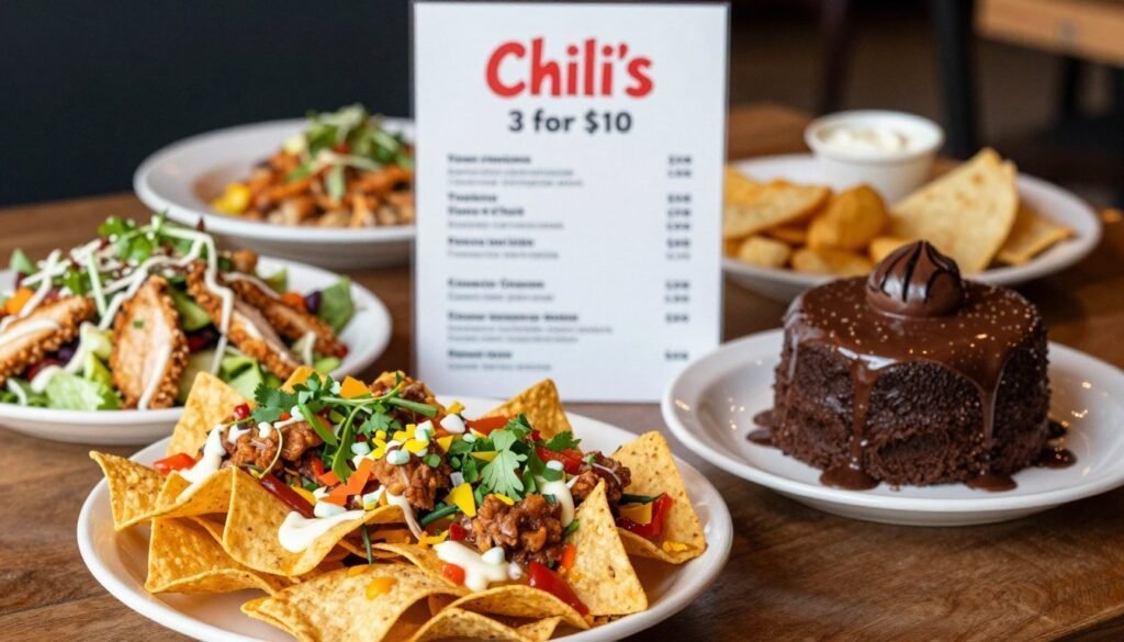 A visually appealing table setting featuring Chili's 3 for $10 menu items, including a selection of delicious appetizers, main courses, and desserts arranged neatly. In the foreground, focus on a vibrant plate of loaded nachos, a crispy chicken salad, and a chocolate molten cake, garnished attractively with fresh herbs and colorful sauces. In the middle, showcase the menu itself, with blurred outlines of additional dishes in the background, hinting at the value and variety available. Soft, natural lighting enhances the richness of the food and highlights textures, while a warm atmosphere conveys a cozy dining experience. Shot from a slightly elevated angle to capture the full layout, the scene evokes a sense of appetizing indulgence and value, perfect for conveying a delightful dining option.